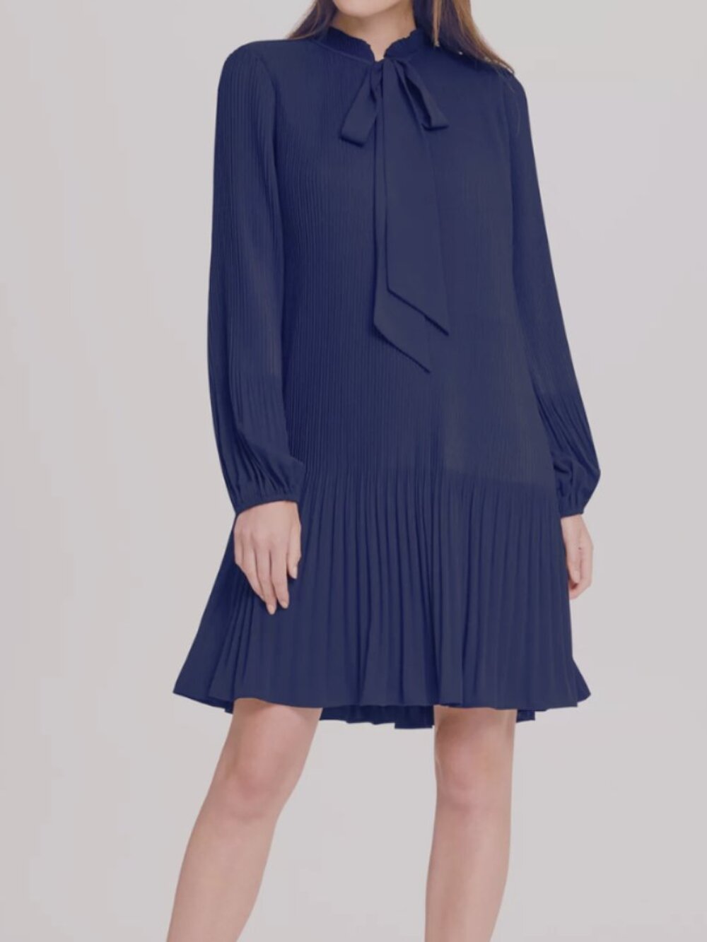 NWT DKNY Womens Navy Pleated Long Sleeve Tie Neck Shift Dress Size 16